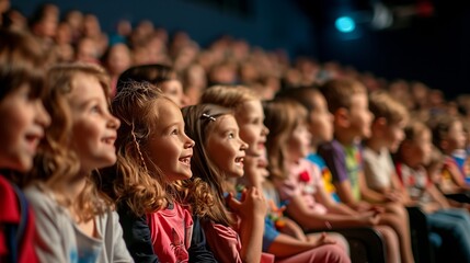 A group of children captivated by a live theater performance, with excitement and joy visible in their expressions.