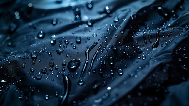 Close-up shot of water droplets on a dark blue waterproof fabric surface, highlighting the texture and reflective details.