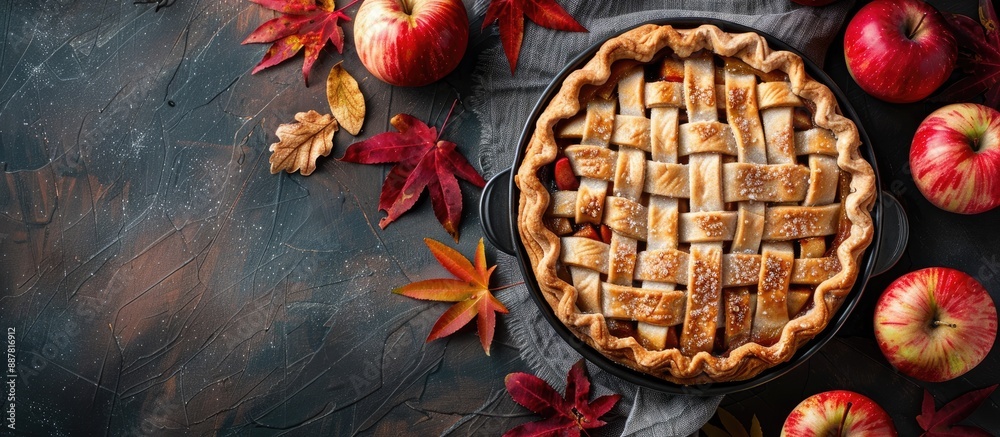 Poster autumn themed homemade apple pie or tart with a copy space image in the background conveying the ess