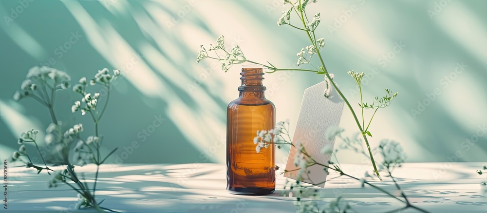 Aufkleber Still life composition featuring herbs a brown glass bottle of essential oil and a white tag set against a light blue and white background with sunlight and shadow creating a serene atmosphere for a