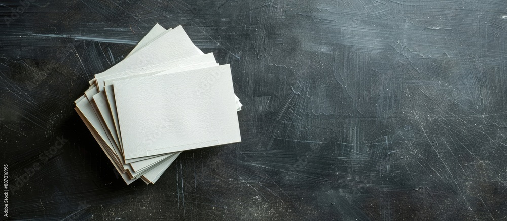 Poster Close up photo of a stack of business cards against a blackboard backdrop with copy space image