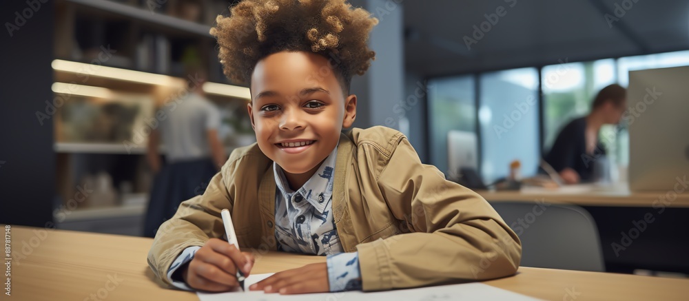 Wall mural A happy young boy is sitting at a table and drawing with a white pen, wearing a brown jacket over his t-shirt in a modern office room