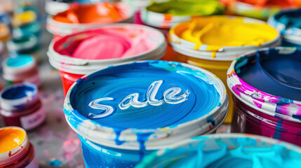 the word "sale" is written in white on blue paint in a can, next to it is yellow paint, blue paint, blue paint, green paint