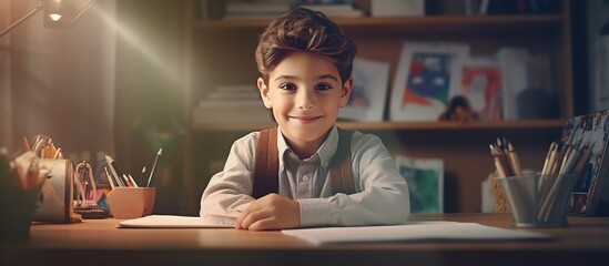Happy school boy writing at a desk, looking at the camera and smiling while doing homework in the style of a modern home office room with white shelves