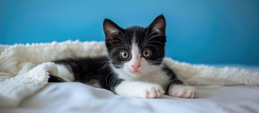 A tuxedo kitten with a curious look lies on a white blanket gazing at the viewer with wide eyes set against a blue backdrop providing copy space image
