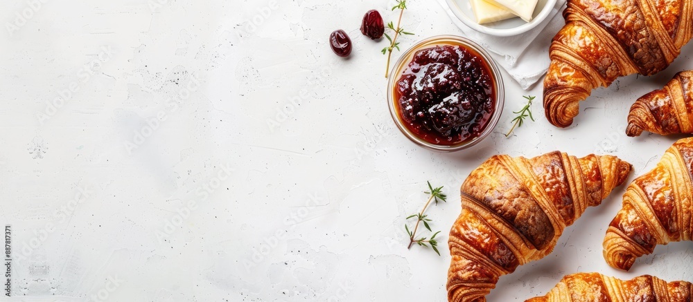Poster Flatlay of fresh croissants with jams and butter creating a morning meal concept on a white background Ideal copy space image