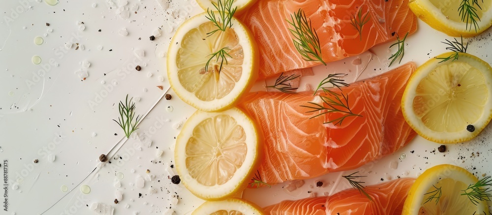 Aufkleber salmon slices garnished with lemon dill salt and pepper in a flat lay image with copy space showcasi