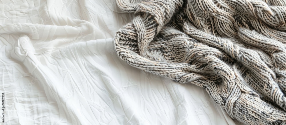 Poster a gray knitted plaid on a white backdrop with ample copy space image