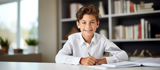 Happy school boy writing at a desk, looking at the camera and smiling while doing homework in the style of a modern home office room with white shelves