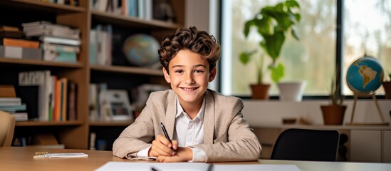 Happy school boy writing at a desk, looking at the camera and smiling while doing homework in the style of a modern home office room with white shelves