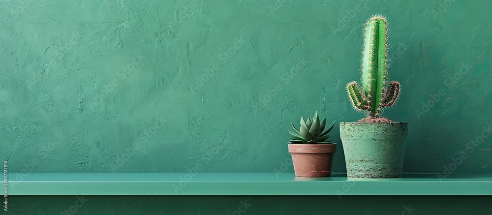 Aufkleber A cactus is displayed in a pot on a shelving unit next to a green wall creating a visually appealing composition with copy space image available
