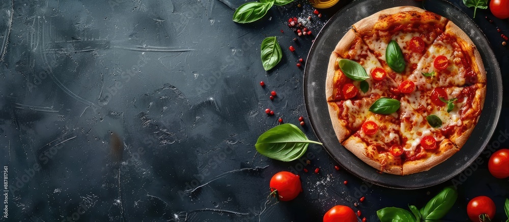 Aufkleber tasty pizza with veggies and cheese on dark backdrop with copy space image