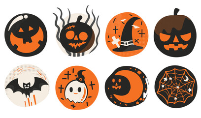 Set of isolated Halloween decoration elements for sticker, badge, tag or label in cute graphic illustration style on transparent background, Volume 3: vivid orange, white and black color tone.