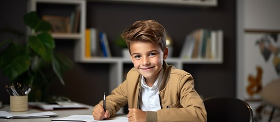 Happy school boy writing at a desk, looking at the camera and smiling while doing homework in the style of a modern home office room with white shelves