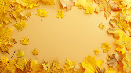 autumn maple leaves on the sides of the photo, yellow background, space for text