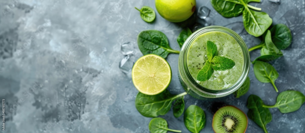 Poster detox green smoothie in a glass jar made with spinach kiwi lime and avocado on a light stone backdro