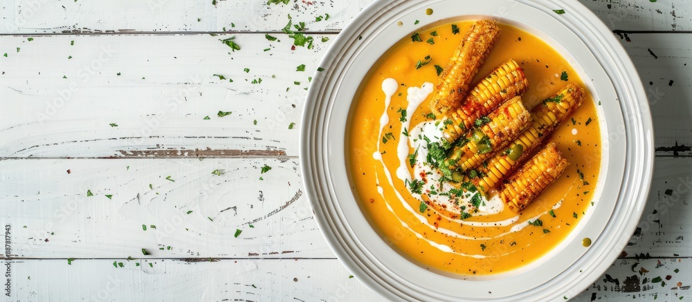 Poster top down view of a white plate holding homemade corn cream soup garnished with sour cream and herbs 