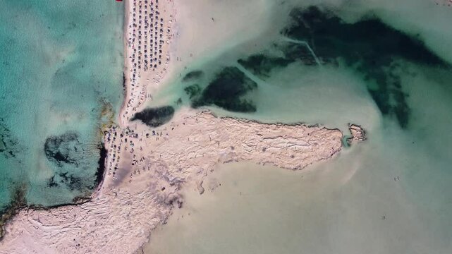 Aerial Top View over Balos Beach and Lagoon with Tourists ,Crete, Greece