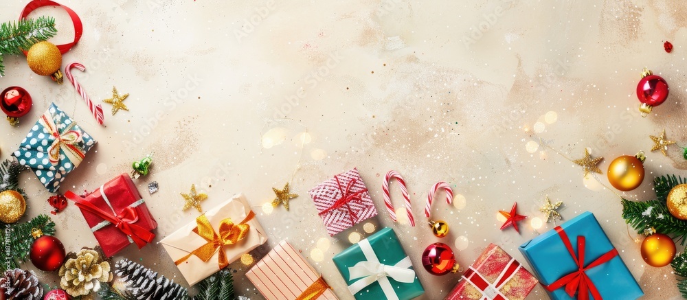 Poster a festive holiday backdrop featuring colorful paper gift boxes and various decorations against a bla