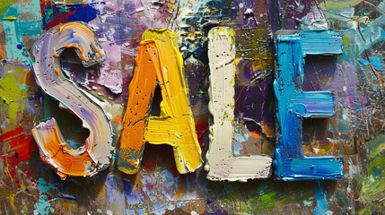 the word "sale" written in yellow, orange and blue paint on a blue background, graffiti