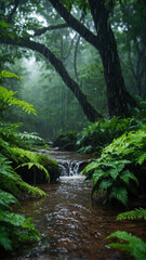 Lush green forest with a stream running through it