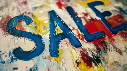 the word "sale" is written in blue paint on a white background with yellow and red spots