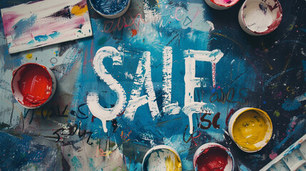 the word "sale" is painted with white paint on a blue background, next to it are gouache and watercolor paints