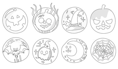 Set of isolated Halloween decoration elements for sticker, badge, tag or label in cute graphic illustration style on transparent background, Volume 3: Black outline style.