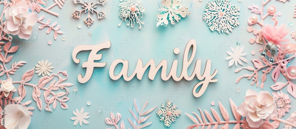 Poster minimalistic geometric pattern on a light pink blue background adorned with lace wooden family lette