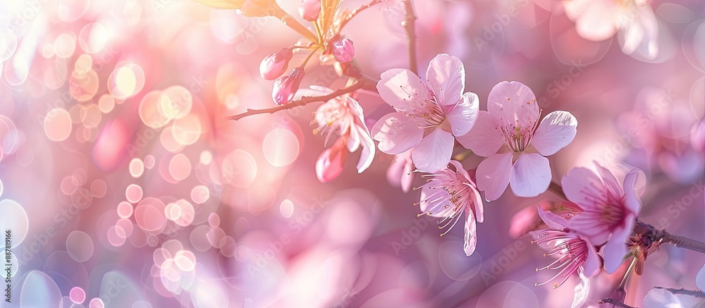 Aufkleber Soft and pastel floral card with cherry blossoms in spring creating a bokeh flower background with selective focus and shallow depth of field toned for a gentle look with copy space image
