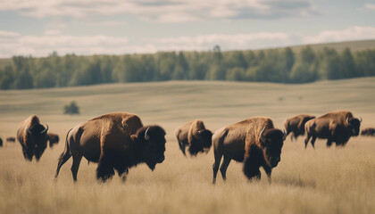 A herd of bison roaming the prairie, midday.
