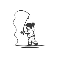 Little Girl Fly Fishing, Monochrome Line Art Illustration