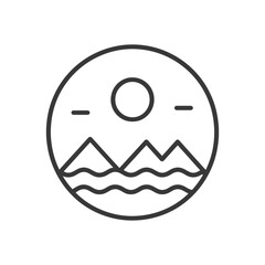 Minimalist Line Art: Sun, Mountains, and Ocean in Circular Emblem