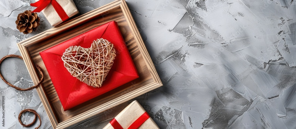 Aufkleber Aerial photo of a wooden frame with red paper a gift box and a rattan heart on a grey backdrop ready for your design with copy space image