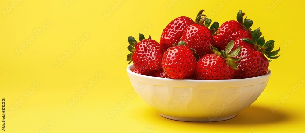 Poster red strawberries placed in a porcelain bowl with a vibrant yellow background for a copy space image 