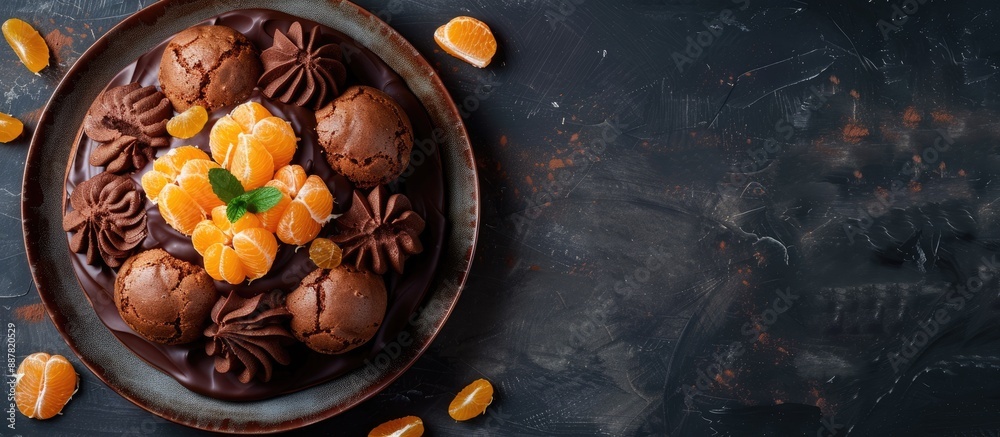 Leinwandbilder creamy chocolate cake with profiterole and candied oranges seen from above a classic dessert with a 