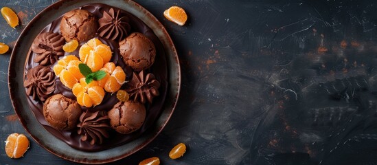 Creamy chocolate cake with profiterole and candied oranges seen from above A classic dessert with a traditional twist offering a blank space for additions in the image. with copy space image