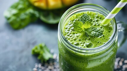 A vibrant green smoothie in a glass jar with a reusable straw.
