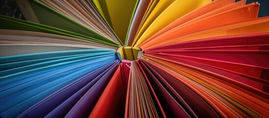 Colorful hardback books arranged in a circle one open with fanned pages providing ample copy space Ideal for back to school themes or educational content
