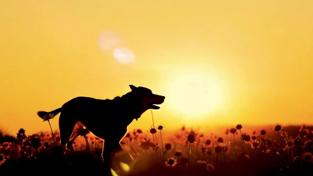 Happy dog running in field with sunset. Dog walk runs wheat field in young spring along country road past at sunset of day against colorful sky. lens flares. Lifestyle. 4k video