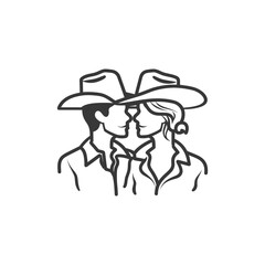 Romantic Cowboy Couple Silhouette: Line Art Illustration