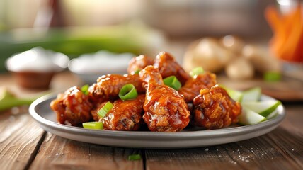 A platter of crispy chicken wings drizzled with buffalo sauce.