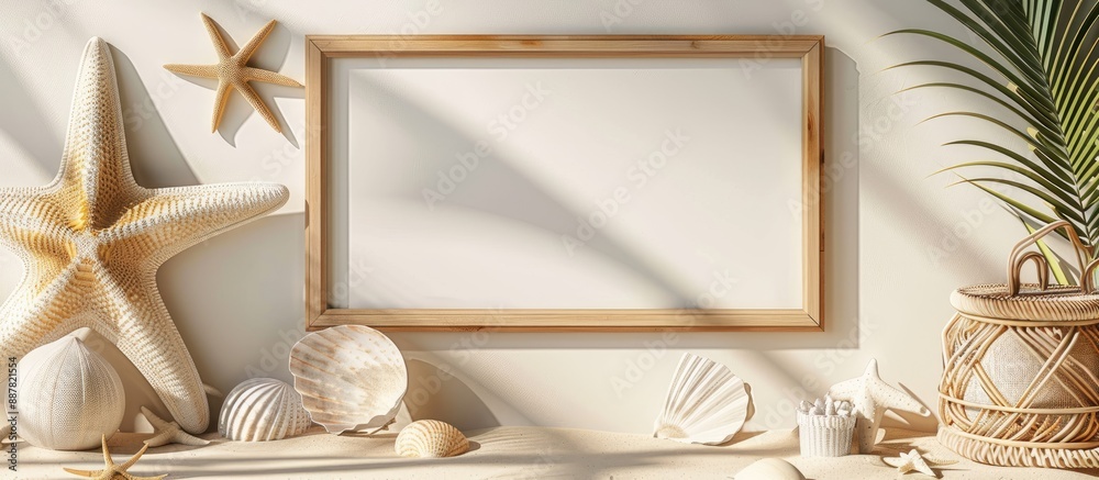Aufkleber Beach items and empty frame in vacation setting for copy space image