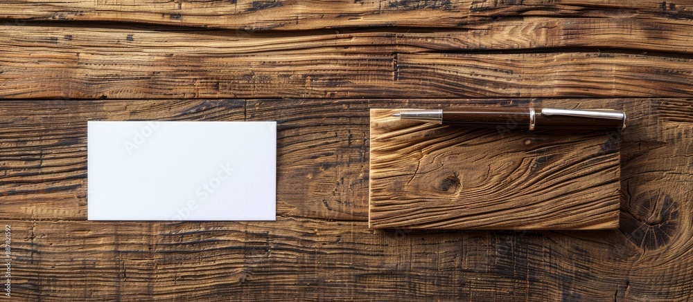Poster Wooden board with pen and business card on it creating a visually appealing copy space image