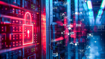 Cybersecurity-themed digital art showcasing a padlock overlay on a network server with data streams
