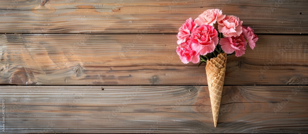 Fototapete Carnation flower in a waffle cone set against a rustic wooden backdrop with empty space for text or design perfect for a copy space image