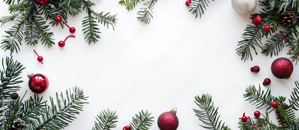 Poster a festive holiday arrangement featuring a wreath crafted from green fir branches and red ornaments o