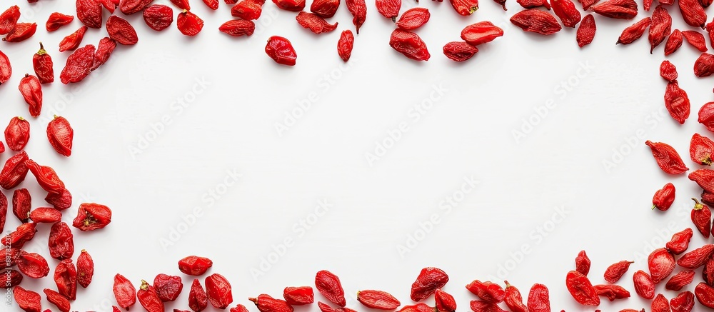 Poster red dried goji berries form a frame against a white background creating a copy space image
