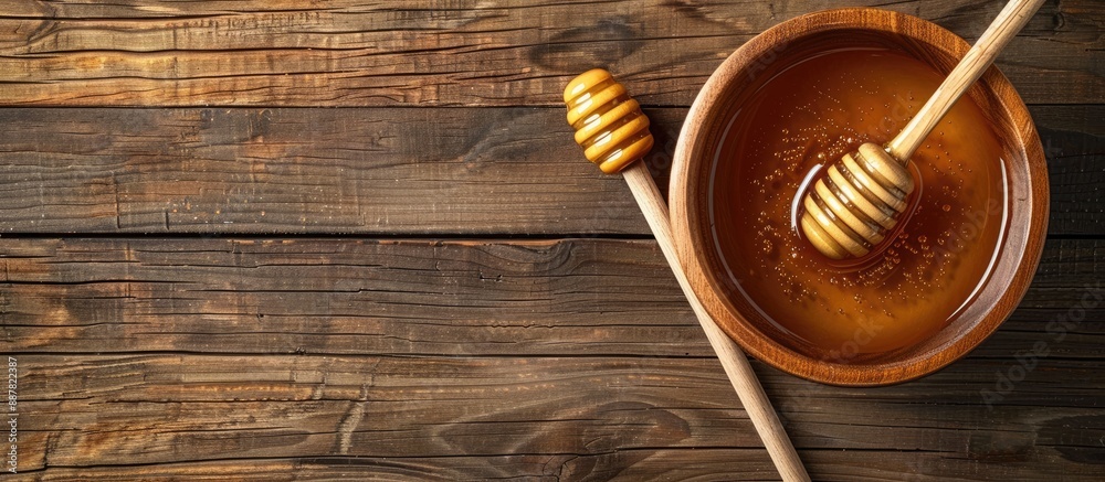Aufkleber Top view of a bowl and dipper filled with tasty honey on a wooden table includes copy space image