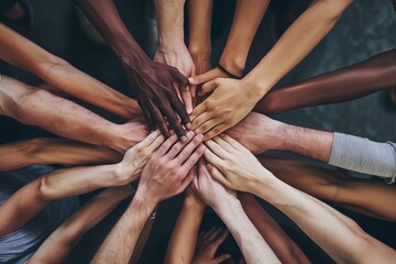 A powerful image of diverse hands joined together, symbolizing unity, friendship, and cooperation in a multicultural community.